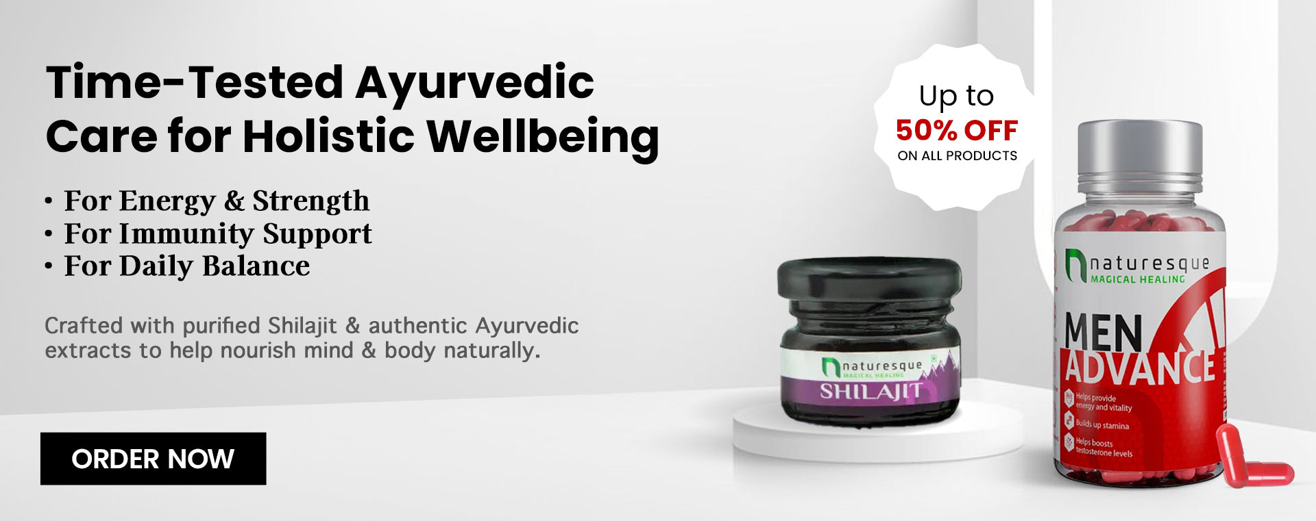 Ayurvedic health products with promotional text on a white background